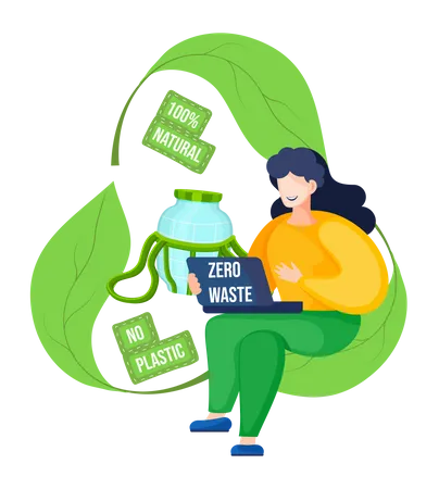 Girl With A Laptop In Her Hands Sits On The Green Recycling Logo And Works Or Studies On Her Computer Recycling Garbage And Unnecessary Things Natural Products And Waste Free Production Environment Illustration