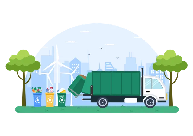 Recycling truck picking up trash Illustration