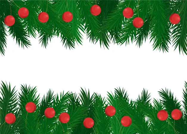 Red Balls on Green Spruce Branches Vector Frame  Illustration