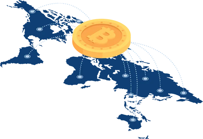 Red Bitcoin sobre el mapa mundial  Ilustración