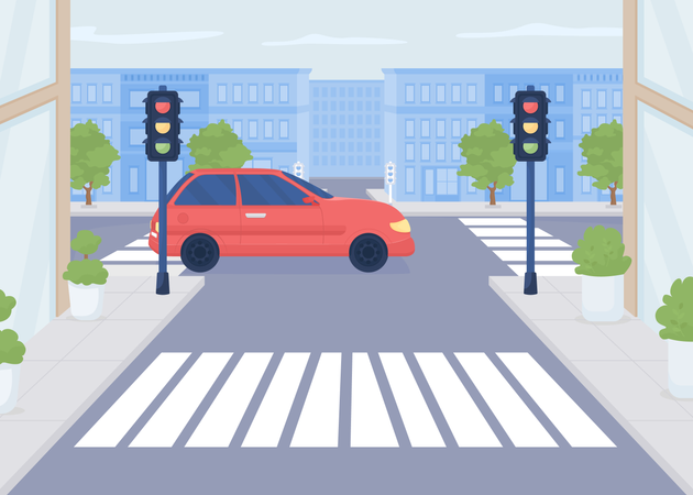 Red car crossing road Illustration