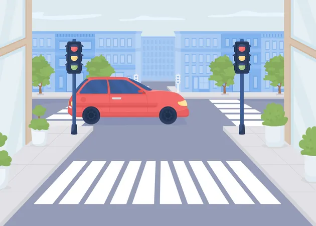 Red car crossing road  Illustration