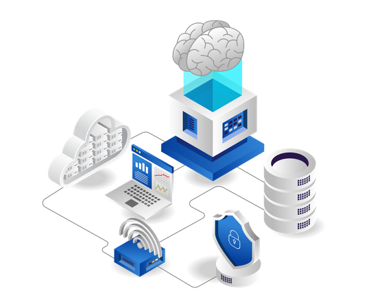 Conexión wifi del servidor de la nube de la red de datos  Ilustración
