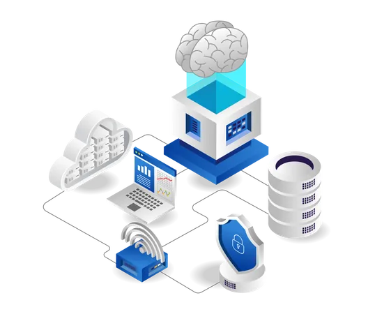 Conexión wifi del servidor de la nube de la red de datos  Ilustración