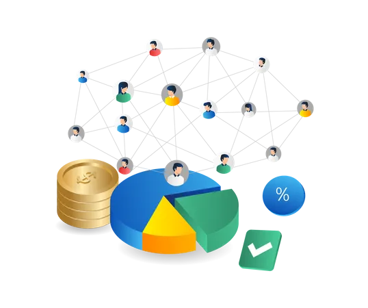 Red de equipo de negocios de dinero sobre gráfico circular  Ilustración