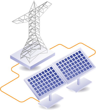 Red eléctrica a partir de energía de paneles solares.  Ilustración