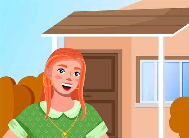 Red Haired Young Girl With Blue Eyes Gold Jewelry And Green Blouse Woman Talking And Smiling On Cottage Background Video Blog Or Broadcast Subscribers Followers Girl Blogger Or Streamer Illustration