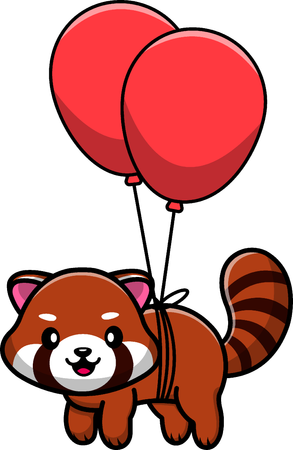 Red Panda Floating With Balloon  イラスト