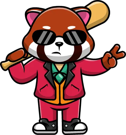 Red Panda Holding Baseball Bat With Peace Hand  Illustration