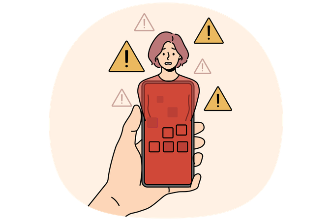 Red phone infected with virus in hand and panicking woman symbolize internet bullying  Illustration