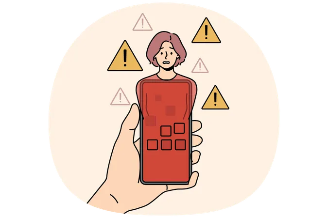 Red phone infected with virus in hand and panicking woman symbolize internet bullying  Illustration