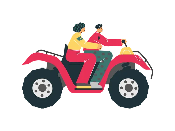 Red Quad bike with people riding it  Illustration
