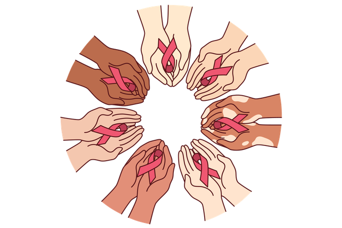 Red ribbons symbolizing fight against AIDS and HIV infection in hands of various people  Illustration