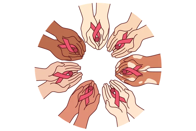 Red ribbons symbolizing fight against AIDS and HIV infection in hands of various people  Illustration