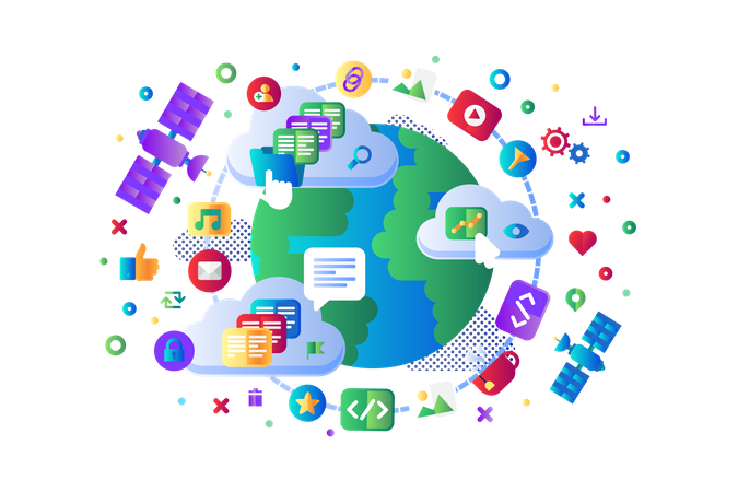 Red social de datos globales 5G internet vector diseño plano. Sistema mundial de navegación por satélite a Internet wi-fi que se mueve en órbita terrestre, concepto de operación de servidores de almacenamiento en la nube. Plantilla de aplicación de sitio   Ilustración