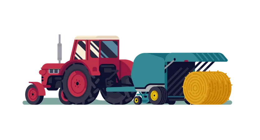 Red tractor pulling round baler with hay bale rolling out  Illustration