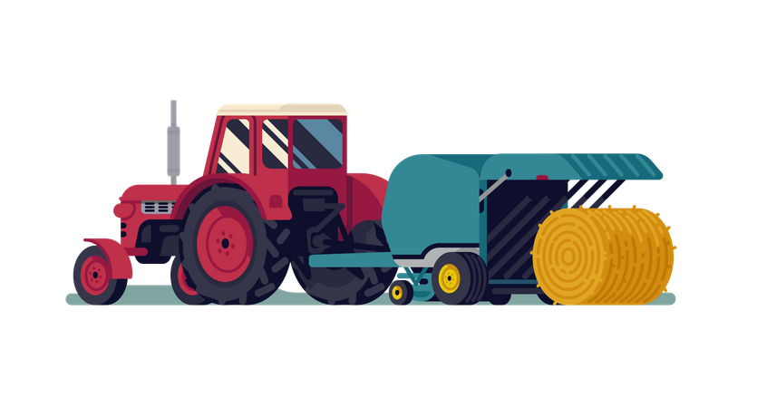 Red tractor pulling round baler with hay bale rolling out  Illustration