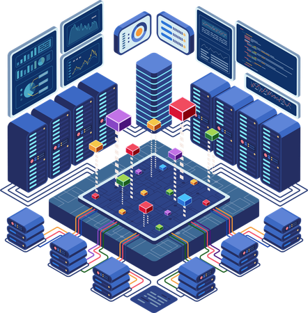 Rede de data center com displays de análise  Ilustração