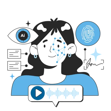 Rede neural na identificação por impressões digitais faciais, voz e assinatura  Ilustração