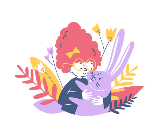 Redhead girl hug baby bunny pet  Illustration