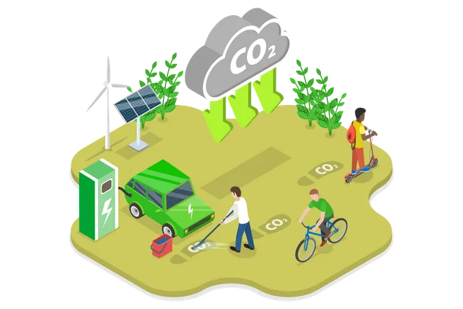 Ilustracao Conceitual De Vetor Plano Isometrico 3 D De Reducao De Emissoes De Carbono Uso De Energia Alternativa Para Eliminar O Perigo Ambiental Ilustração
