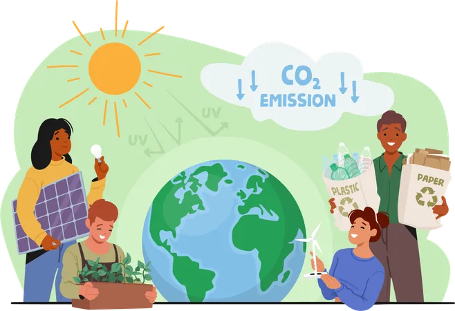 Characters Reduce Global Warming And Climate Change People Care Of Plants Use Solar Energy And Recycling Packages To Save Earth Reduce Pollution And Co 2 Gas Emission Cartoon Vector Illustration Illustration