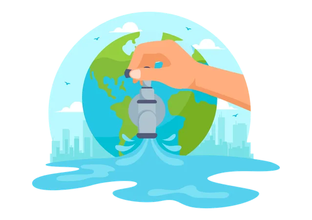 Water Saving Vector Illustration For Mineral Savings Campaign And Energy Utilization With Faucet And Earth Concept In Flat Cartoon Background イラスト