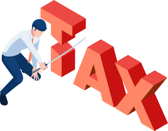 Flat 3 D Isometric Businessman Cutting Tax Word By Japanese Katana Sword Reducing Taxes Concept Illustration