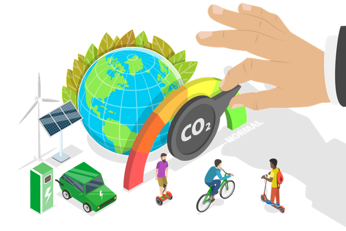 Reduzindo as emissões de carbono, diminuindo as emissões de dióxido de carbono  Ilustração