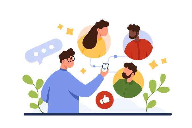 Refer Friend Service Tiny Man Holding Phone With Plus Sign On Screen To Invite People On Avatars To Referral Program And Earn Share Bonuses And Recommendations To Users Cartoon Vector Illustration Illustration
