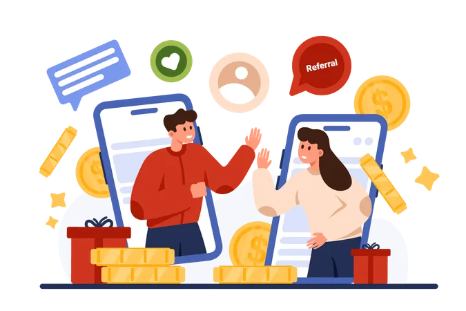 Referral Loyalty Program Partnership And Deal Tiny People From Mobile Phone Screens Give Five Digital Agreement And Success Cooperation For Earning Money Coins Online Cartoon Vector Illustration Illustration