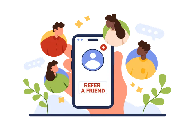 Referral Loyalty Program Invite Friend Hand Holding Phone With Refer Friend Text Select People In Network Of Round Portraits Of Social Media Users Or Company Employees Cartoon Vector Illustration Illustration