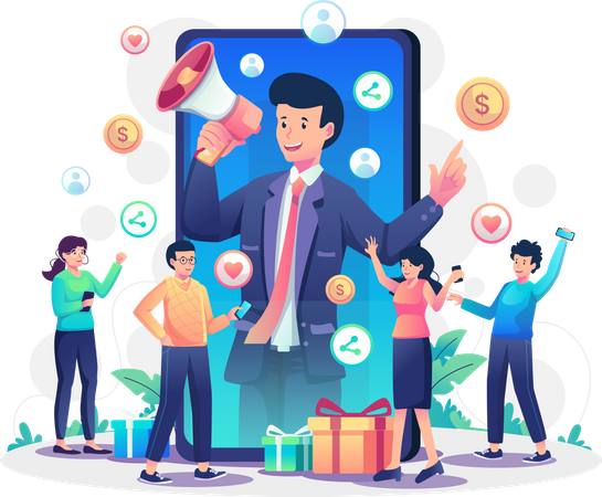 Referral marketing campaign by businessman Illustration