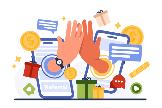 Referral Marketing Program To Refer Friend Big Hands Of Partners From Mobile Phone Screens Give Five High To Share Loyalty Bonus Discount And Gift In Social Media Cartoon Vector Illustration Illustration