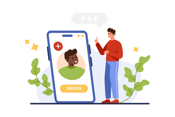 Referral Loyalty Program To Invite Friend Social Media Marketing Tiny Man With Online Mobile App In Giant Phone Refer Button And Face Portrait Of User On Screen Cartoon Vector Illustration Illustration