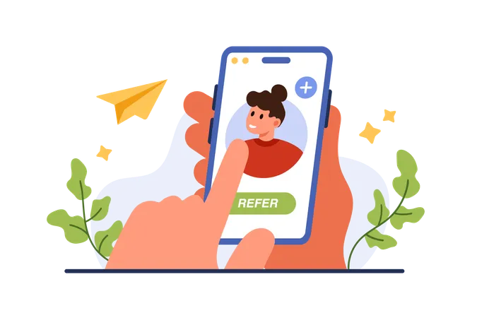 Referral Program Service Hand Holding Phone To Touch Refer Button Add And Invite Woman To Loyalty Program Portrait Of Girl From Social Media Profile Or User Account Cartoon Vector Illustration Illustration