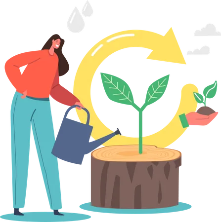 Refresh And Renew Concept Female Character Watering Stump With Growing Green Sprout And Recycling Loop Arrow Symbol Restart Project With New Strategy Rework Life Goal Cartoon Vector Illustration イラスト