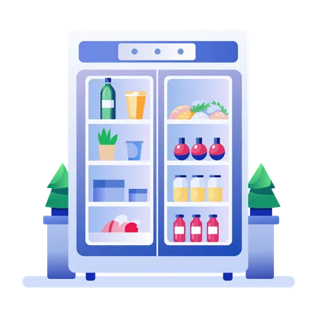 Refrigerador lleno de diversos alimentos.  Ilustración