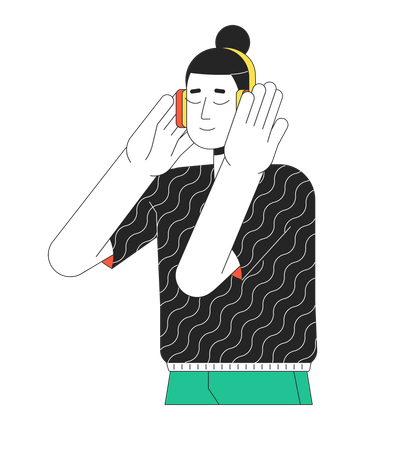Écouteurs effrayants, homme asiatique, nœud supérieur  Illustration