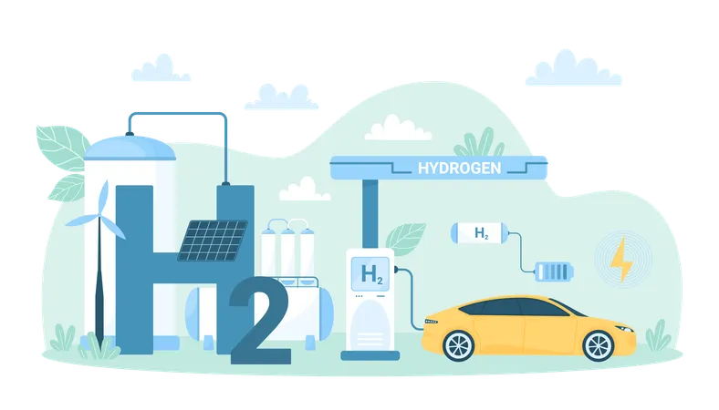 Refueling With Green Hydrogen Fuel Of Eco Friendly Car At Station Industrial Infographic Vector Illustration Cartoon Vehicle With H 2 Or Hybrid Engine Charging With Energy From Sustainable Sources Illustration