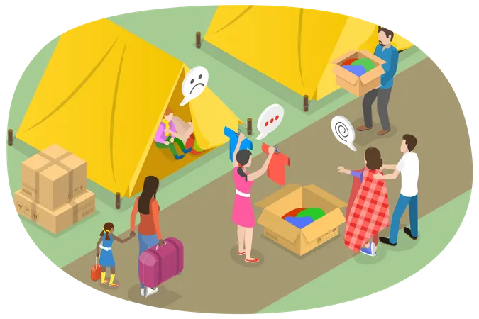 3 D Isometric Flat Vector Conceptual Illustration Of Refugee Camp Volunteering And Social Services Illustration
