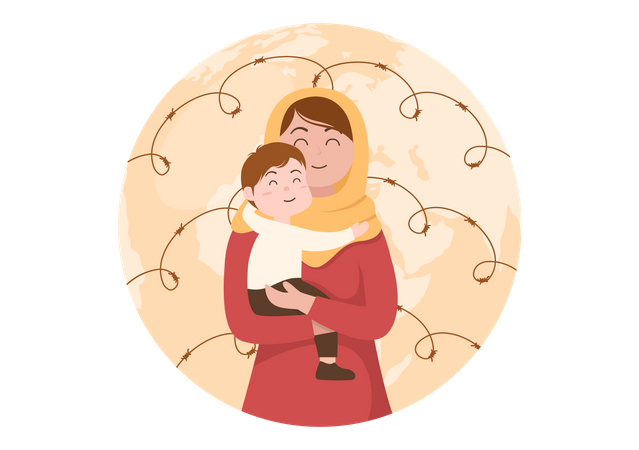 Refugee mother with her child Illustration
