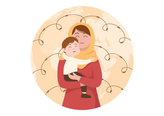 Refugee mother with her child  Illustration