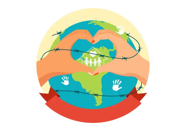 World Refugee Day Vector Illustration On 20 June Of Immigration Family And Their Kids Walking Seek Home With Fence Iron Wire And Hand In Background Illustration