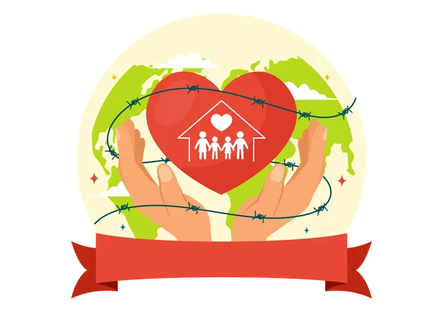 World Refugee Day Vector Illustration On 20 June Of Immigration Family And Their Kids Walking Seek Home With Fence Iron Wire And Hand In Background イラスト