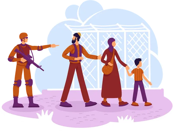 Refugees and guard Illustration