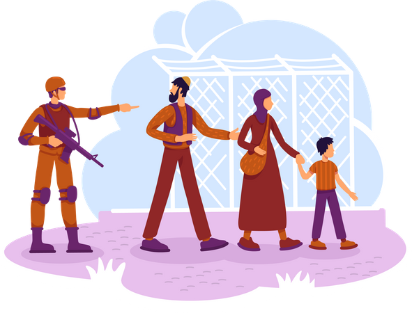 Refugees and guard  Illustration