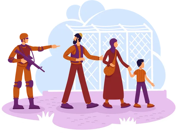 Refugees and guard  Illustration