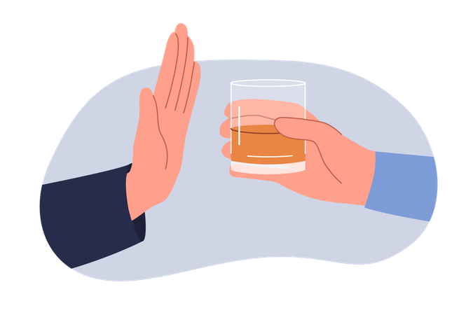 Refusal from alcohol demonstrated by man hand near glass of whiskey which causes intoxication  Illustration