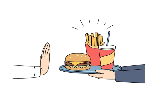 Refusal from fast food and harmful products demonstrated by hand  Illustration